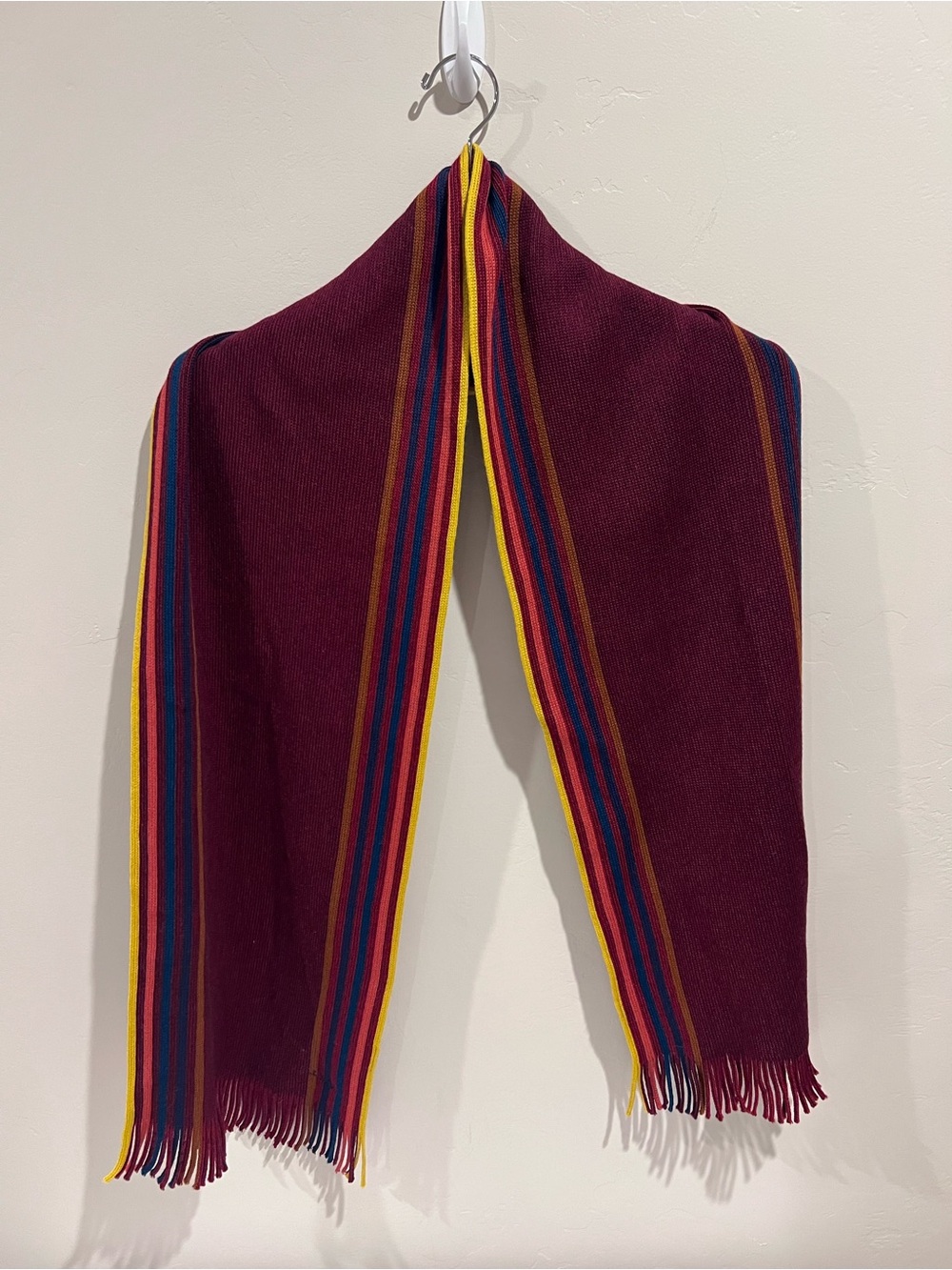 Paul Smith Wool Burgundy Scarf with Multicolor Edge Stripes